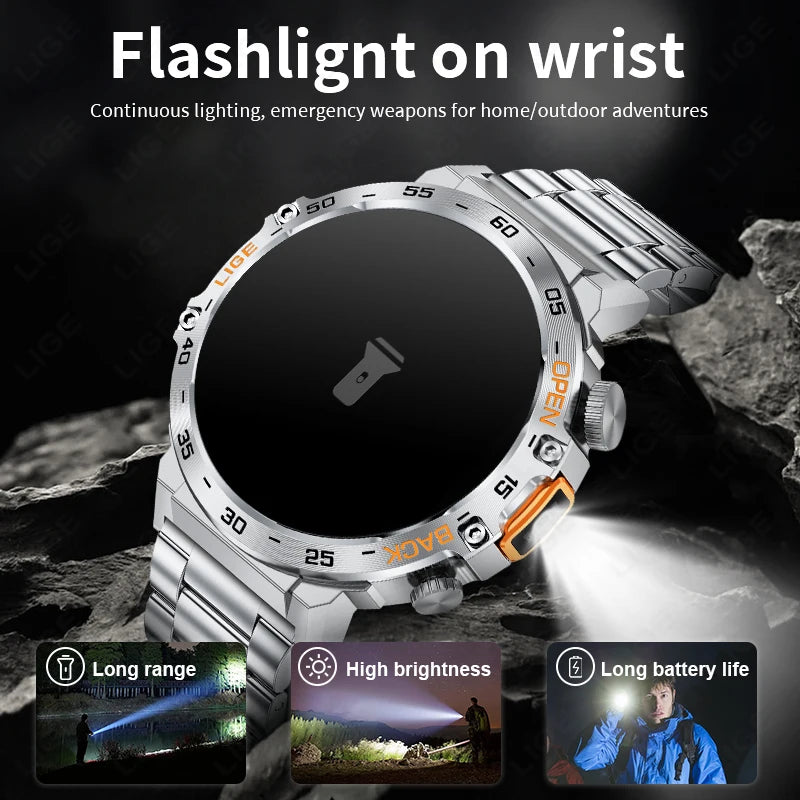 2025 Smart Watch Men 360*360 AMOLED HD Screen Waterproof Sports Fitness Watches Flashlight New Men Smartwatch For Andrio IOS