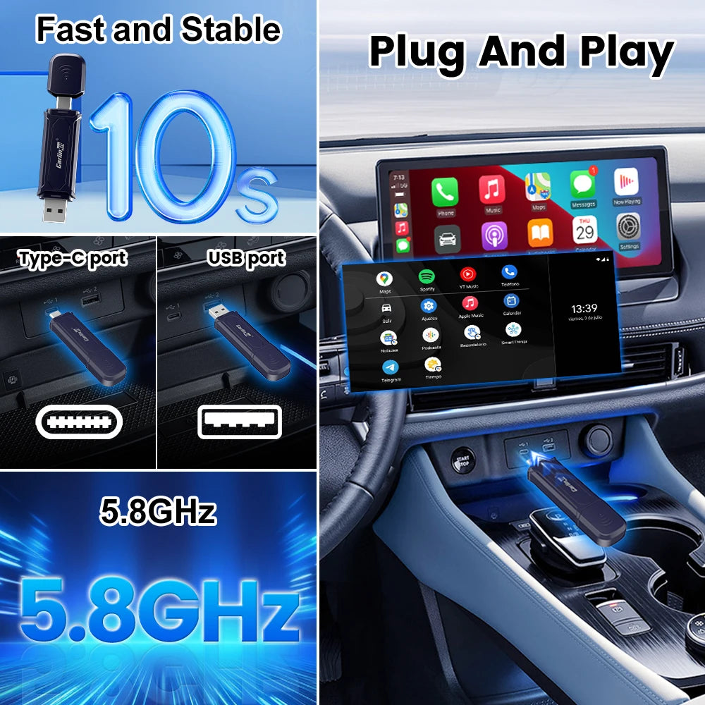 2air Mini 5 Pro CarlinKit 5.0 Wireless CarPlay Wireless Android Auto Box 5Ghz WiFi BT Auto Connect Plug&Play OTA Upgrade