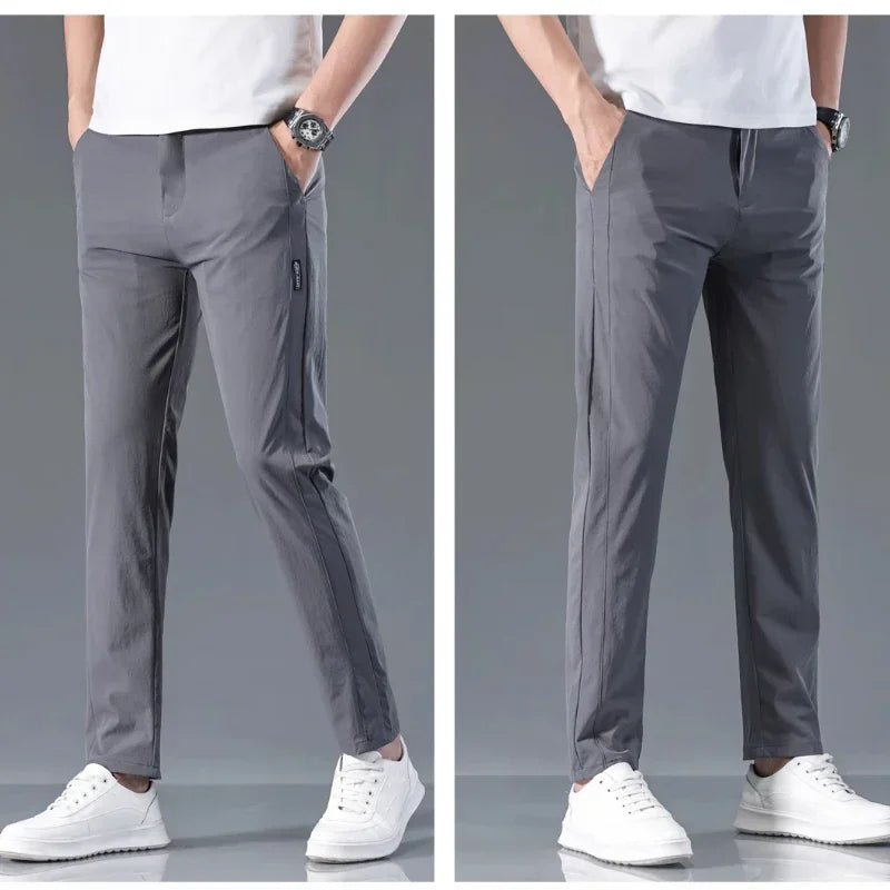 2025 New Summer Ultra-thin Men's Casual Pants Breathable Soft Ice Silk Elastic Straight Business Trousers Black Gray