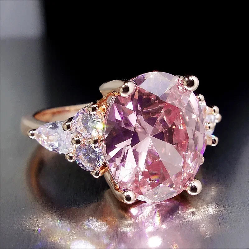 Pink Zircon Big Oval Stone Ring Female Shining Crystal Engagement Rings for Women Vintage Rose Gold Silver Color Wedding Jewelry