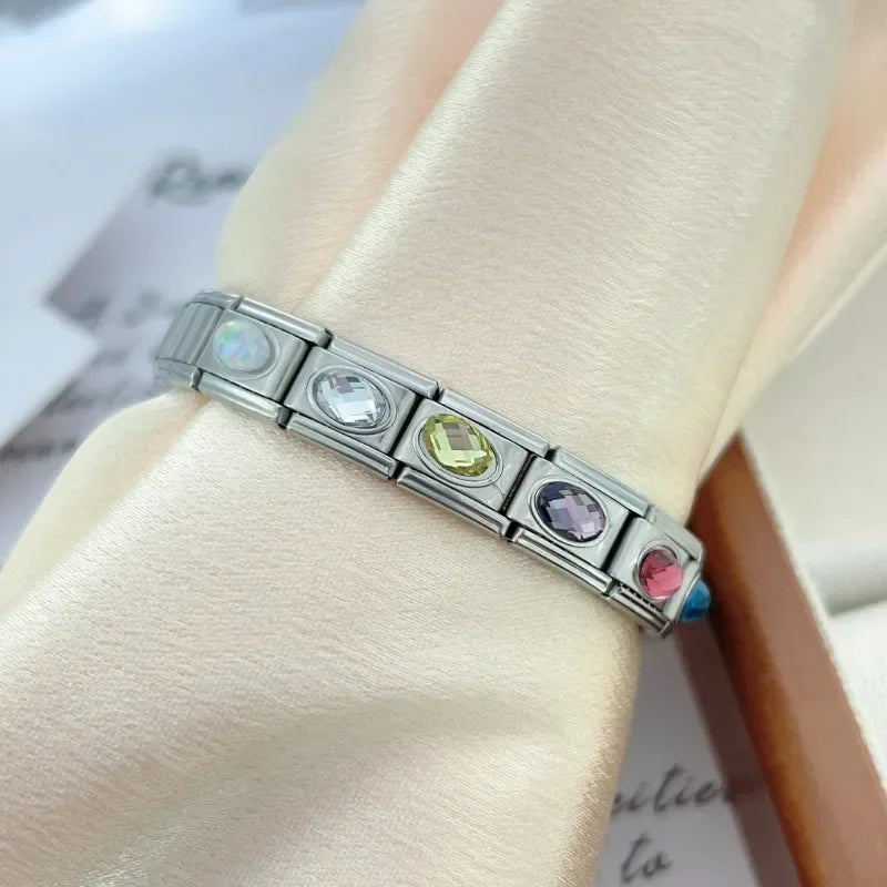 NEW Ellipse 12 Birthstones Italian Charm Stainless Steel Links Fit 9mm Modular Bracelet DIY Jewelry Wholesale