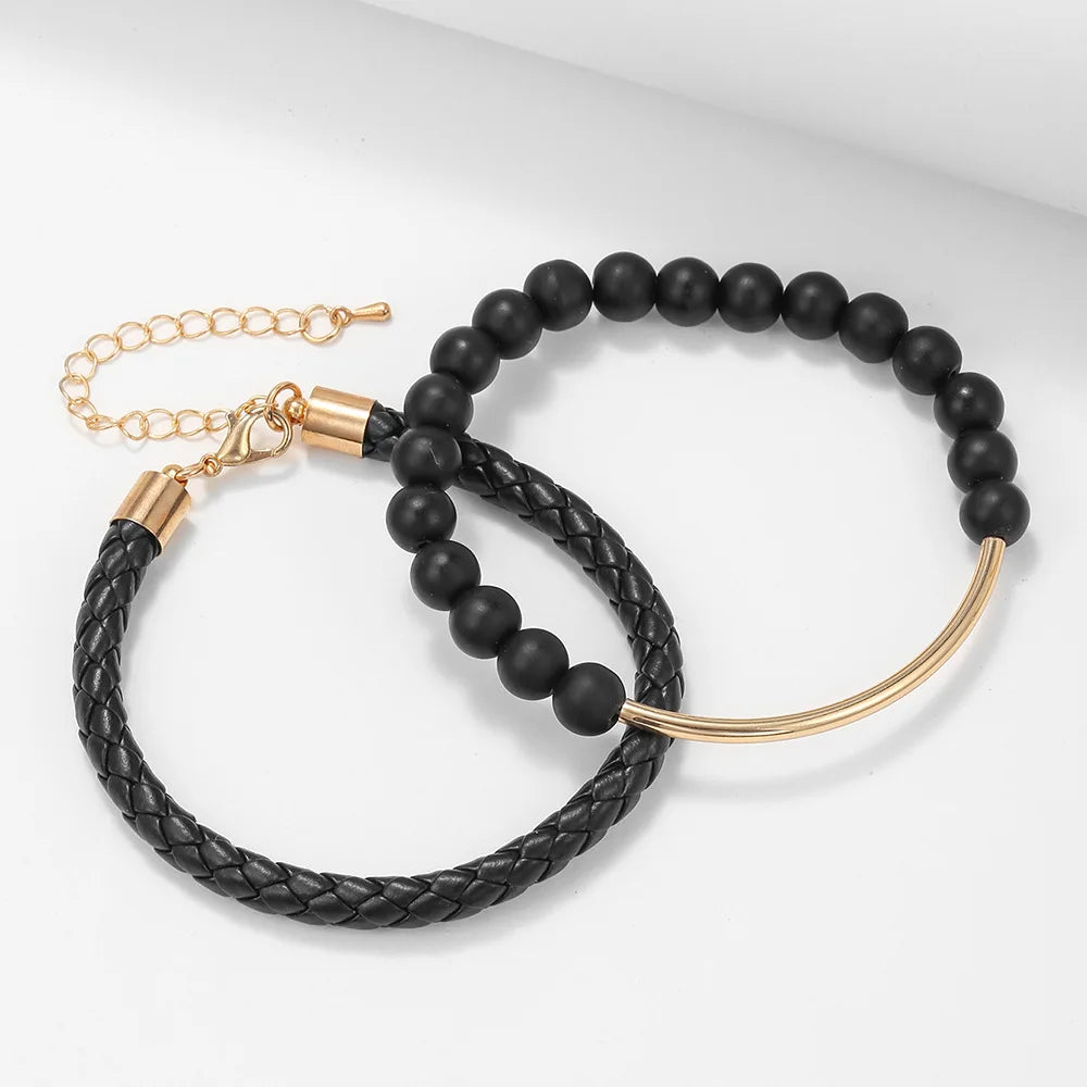 New Leather Woven Bracelet Men's Punk Handmade Black Frosted Bead Bracelet Bracelet 2 Set Bracelet