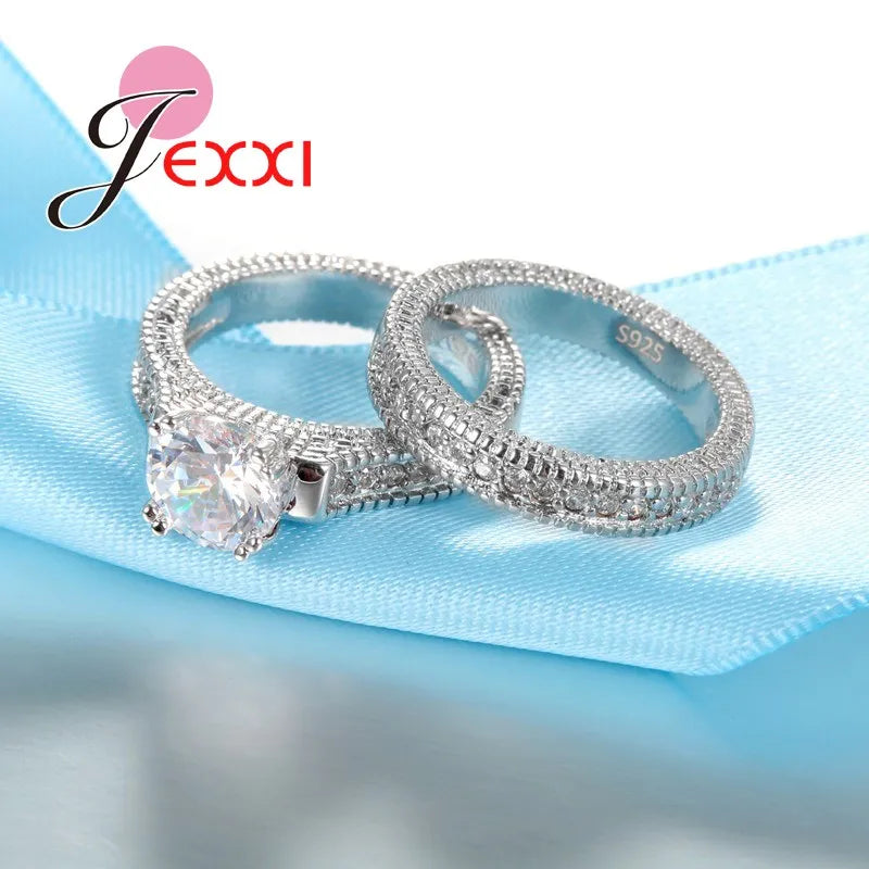 Elegance 925 Sterling Silver 2 PCS Ring Set Paved Full High Quality Shiny Crystals Anel For Women Bride Wedding Jewelry