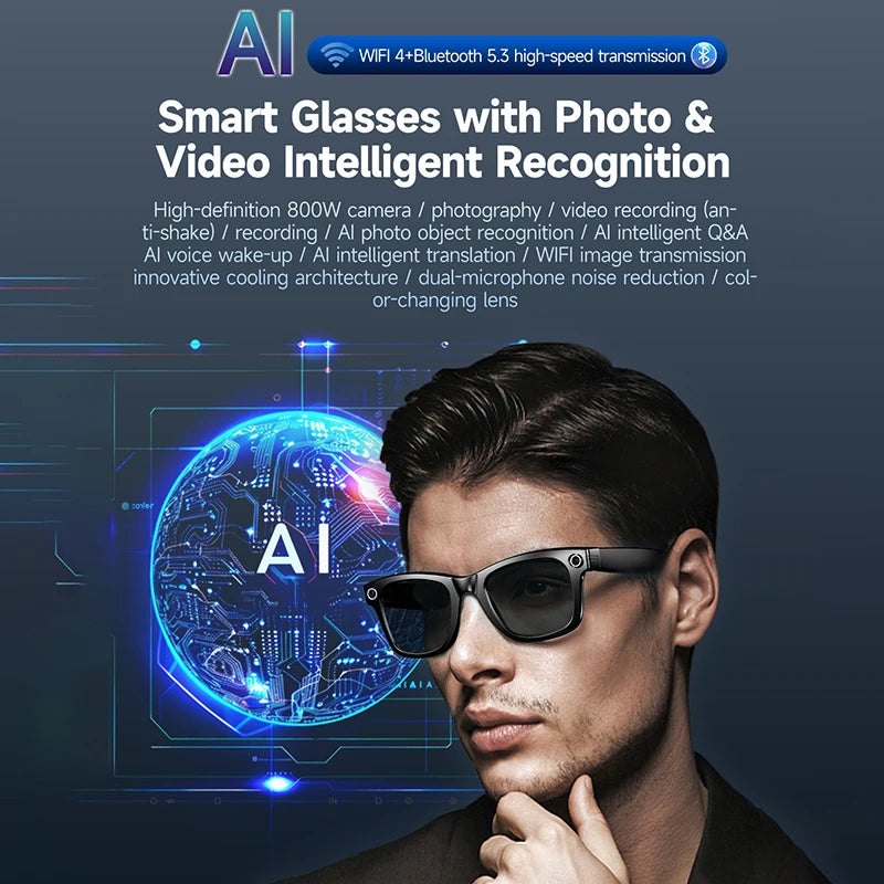 Smart Glasses HD Camera Recording Videos AI Photo Recognition Answer Translation 270mAh Large Battery Waterproof BT Call Glasses