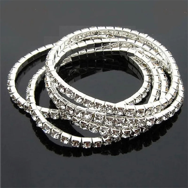 1-5 Rows Rhinestones Crystal Stretch Bracelet Round Cubic Zirconia Tennis Bracelet Silver Color Women Wristband Elastic Bangles