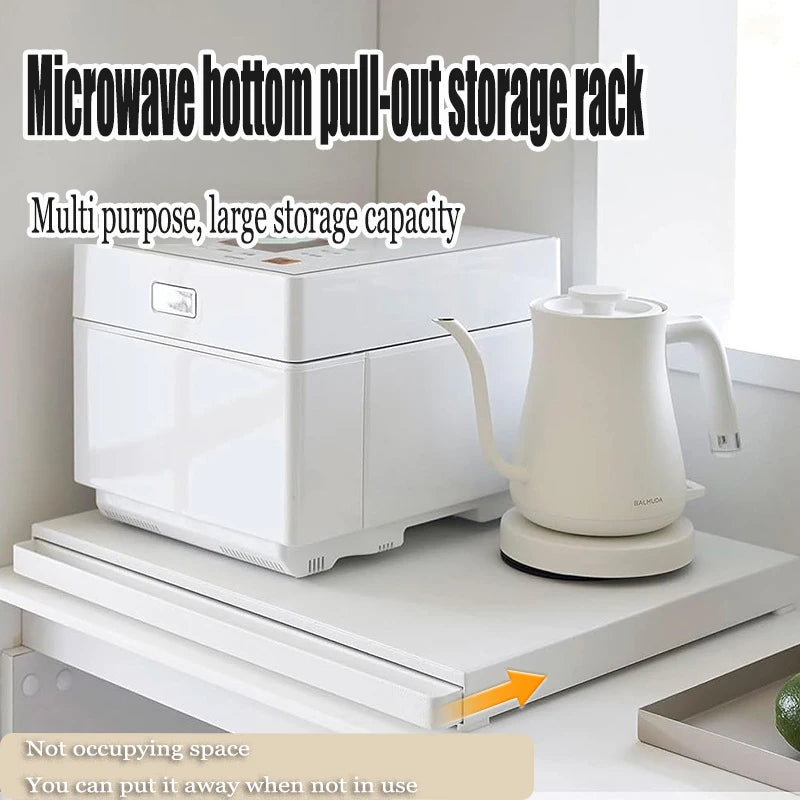 Kitchen microwave storage rack, bottom pull-out tool, drawer style basket, oven bracket, sliding partition, pot and bowl rack