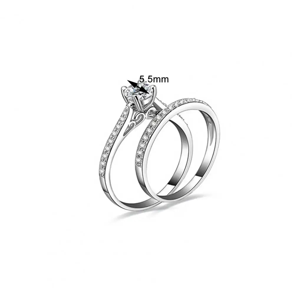 2Pcs/Set Ring Shiny Cubic Zirconia Plated Silver Romantic Couple Finger Ring for Wedding
