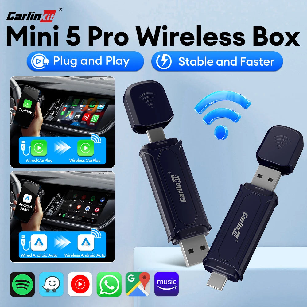 2air Mini 5 Pro CarlinKit 5.0 Wireless CarPlay Wireless Android Auto Box 5Ghz WiFi BT Auto Connect Plug&Play OTA Upgrade