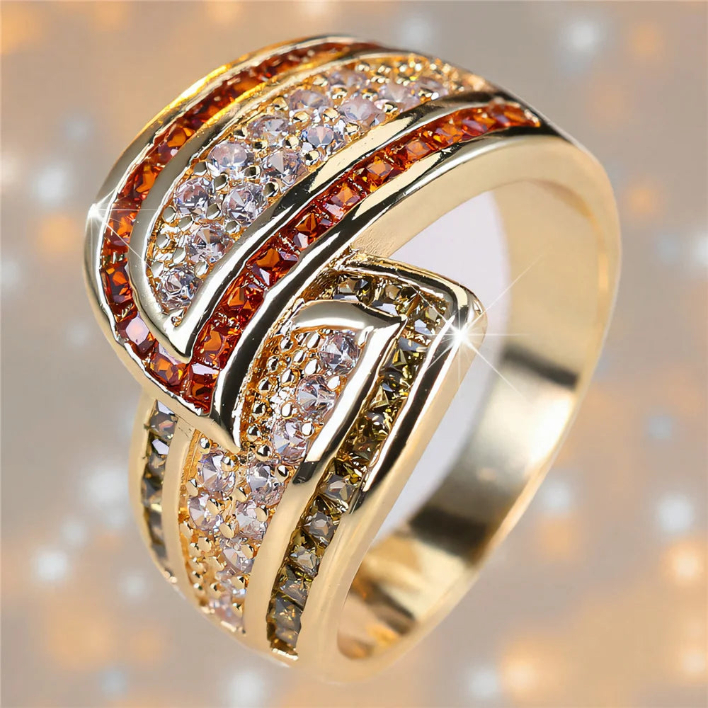 Cute Female Red Crystal White Zircon Stone Gold Color Wedding Jewelry Promise Engagement Wheat Rings For Women