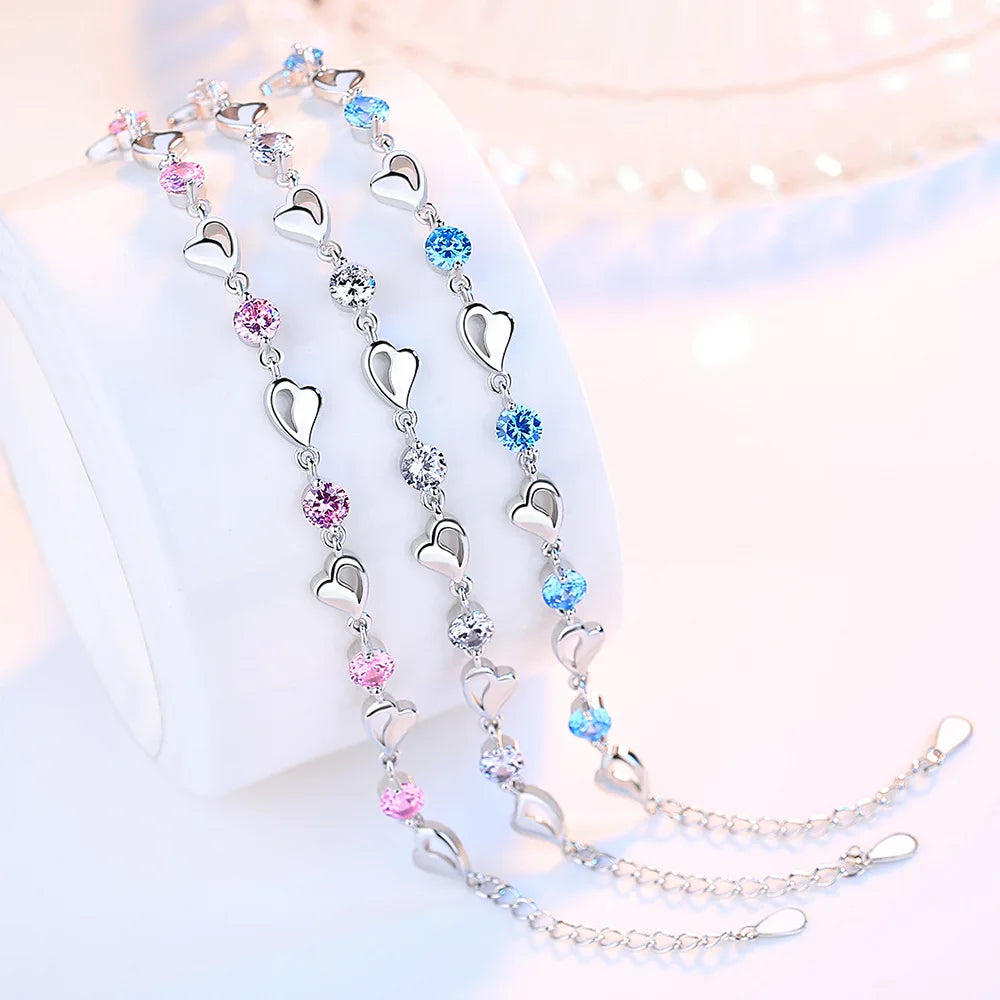 925 Sterling Silver Heart Shaped Bracelet For Women Retro Korean Versatile Pink Crystal Charm Bracelets Original Party Jewelry