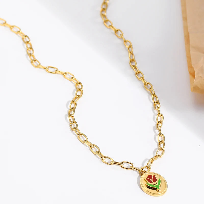 New Stainless Steel Necklace for Women Rose Pattern Pendant Choker Chain Necklace Engagement Party Fashion Jewelry Gifts