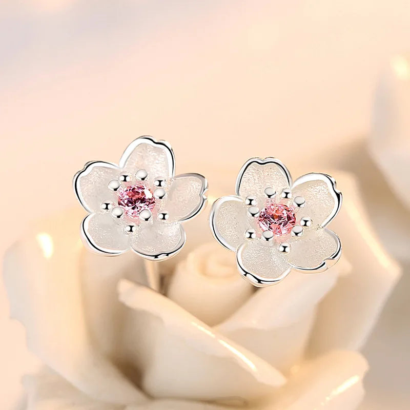 925 Sterling Silver Pink Purple Zircon Flower Small Stud Earrings For Women Wedding Elegant Luxury Jewelry Accessories Wholesale