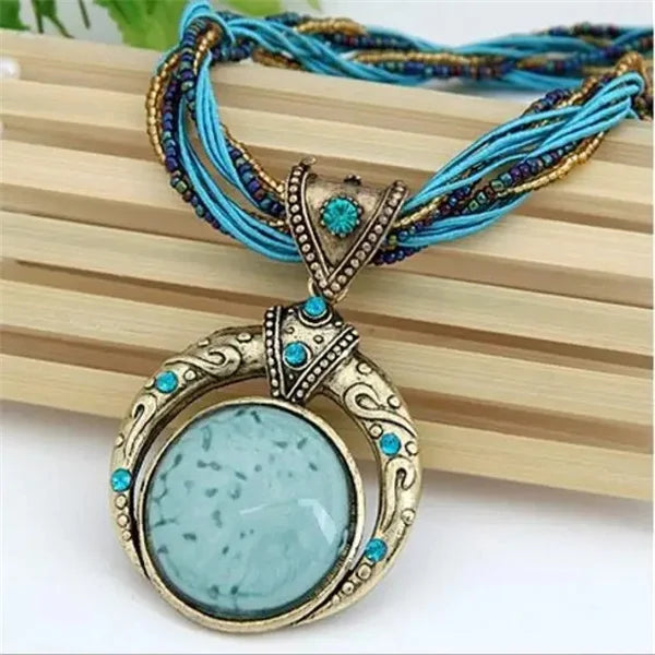 2025 New Vintage Ethnic Necklace Fashion Jewelry Hot Fashion Retro Bohemia Style Multilayer Beads Chain Stone Pendant Necklace