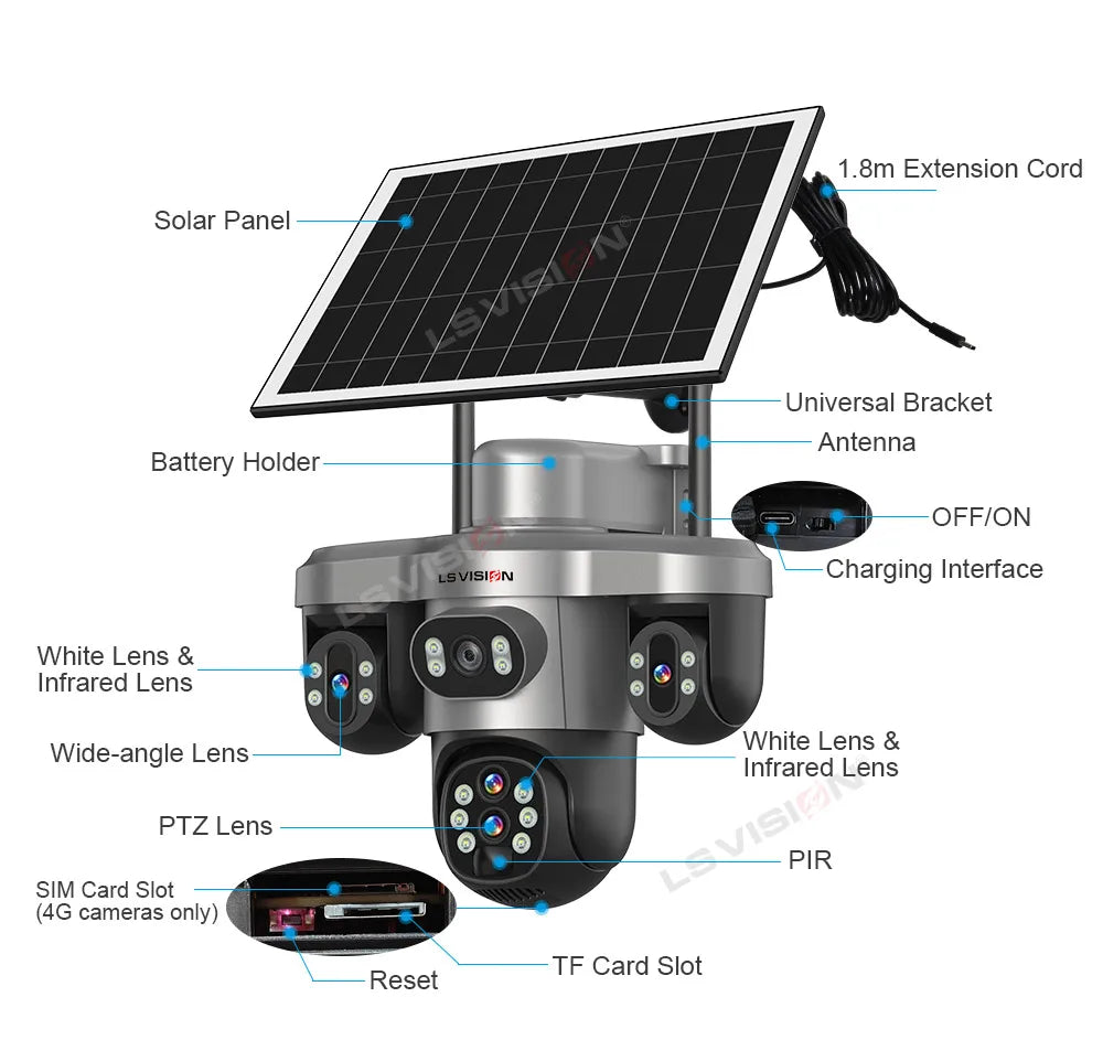 LS VISION 20MP 4G Solar Camera 10X Optical Zoom Four Lens Three Screen Outdoor WiFi Surveillance Cameras Auto Tracking V380 Pro