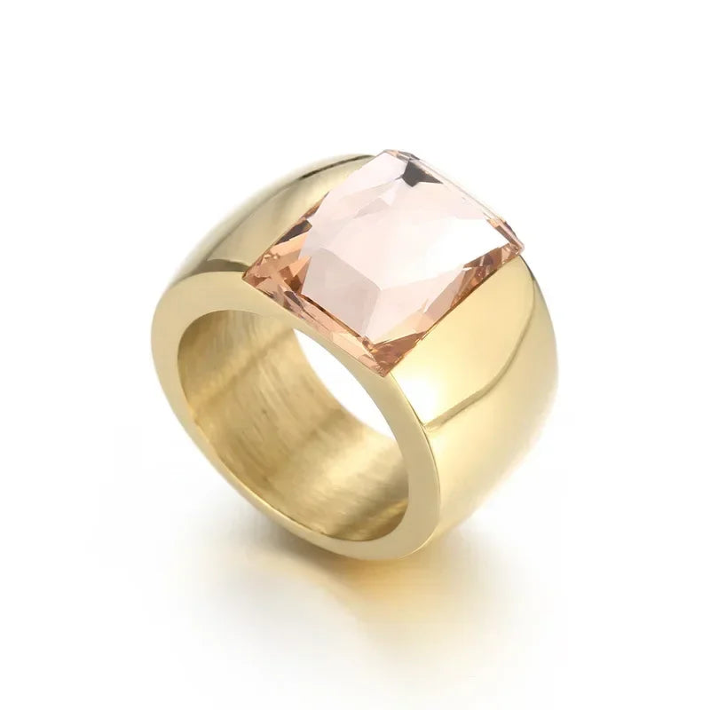 Women Fashion Stainless Steel Ring Quality Austrian Crystal Blue Green Red Stone Ring Female Titanium Gold Color Wedding Ring