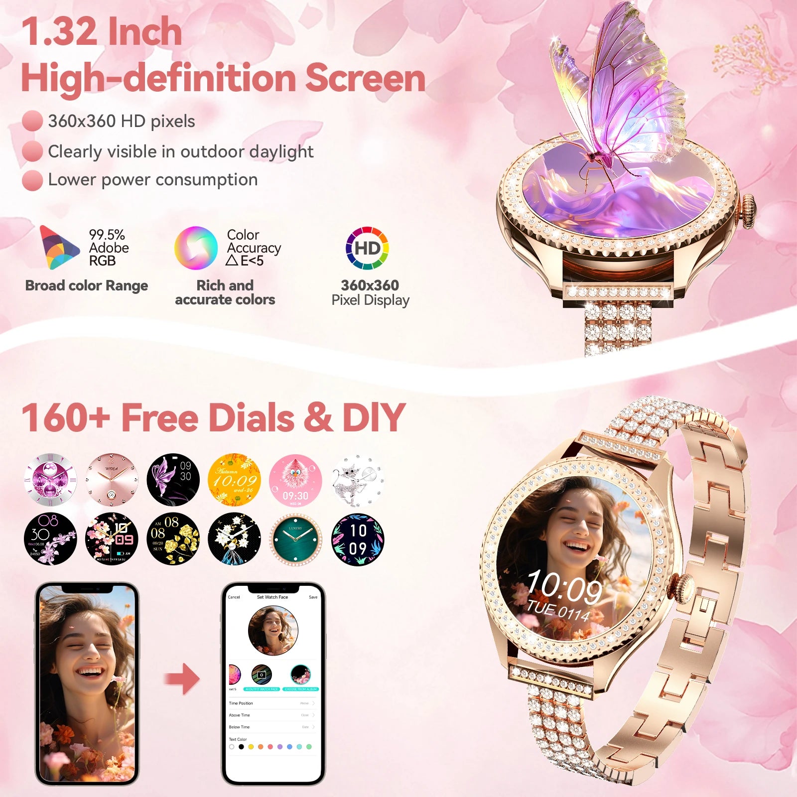 smartwatch for women supports wireless calls, over 100 sports modes and fitness tracking. It features music contr