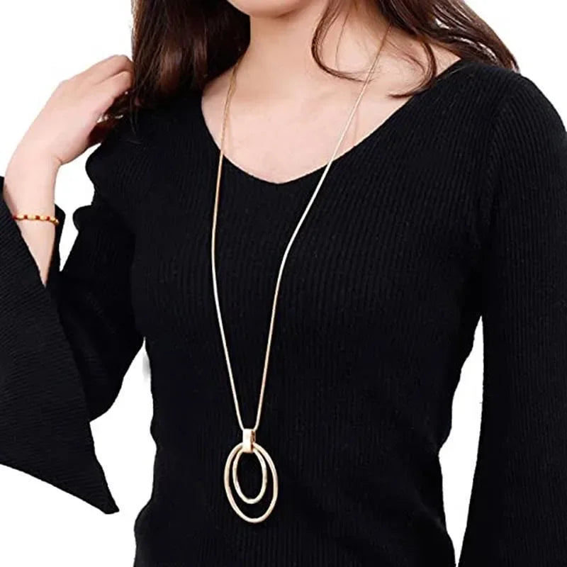 New Fashion Large Double Circle Pendant Necklace Fashion Simple Sweater Chain