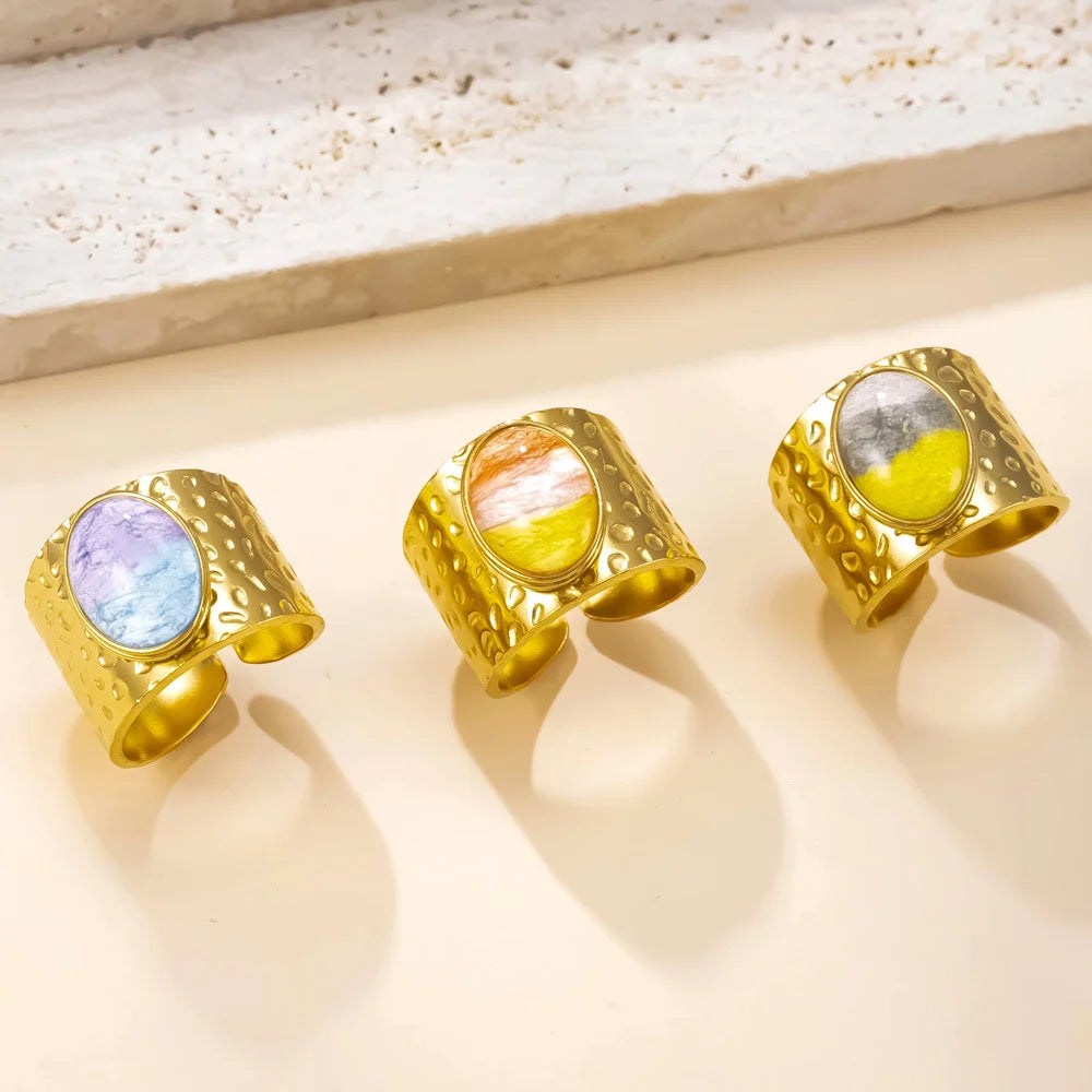 Fashion Stainless Steel Round Natural Stone Green Turquoise Malachite Geometric Ring Women Bohemian Vintage Jewelry