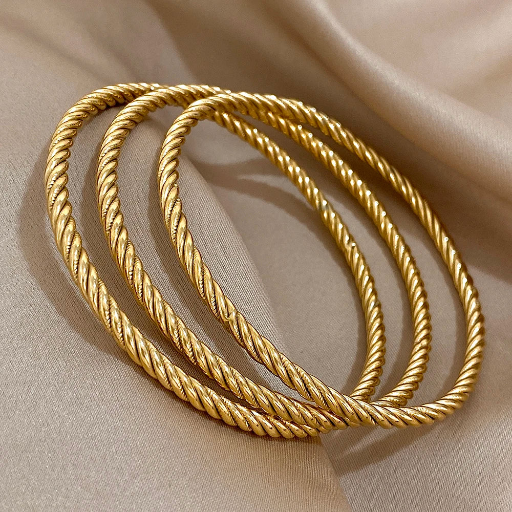 3pcs 18K Gold Plated Stainless Steel Bangle Bracelet for Women Trendy Chic Twisted Stacked Wrist Bracelets Waterproof Jewelry