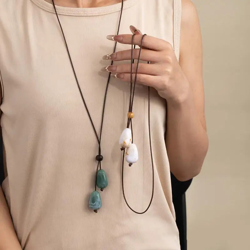 Long Oval Pendant Necklace New Chinese Style Simple Vintage Zen Fashion Design Jewelry Accessory