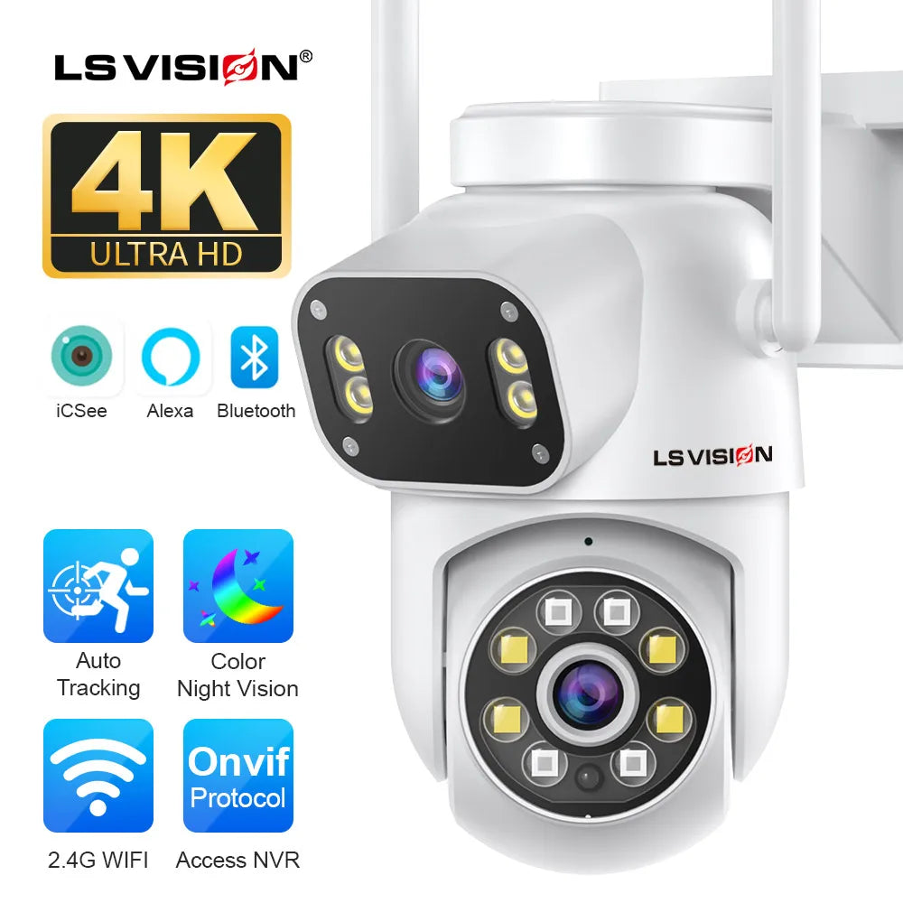 LS VISION 8MP Dual Screens WiFi Security Camera Outdoor 4K Dual Lens PTZ Onvif Auto Tracking IP66 Waterproof CCTV Cameras iCSee