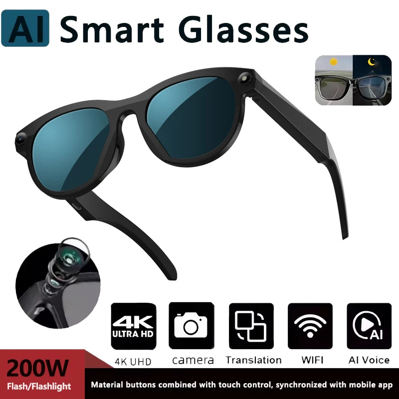 NEW Smart Glasses 200W HD Camera Photo Video Real-time Translation Al Image Recognition Flash lamp Flashlight BT Call AI Glasses