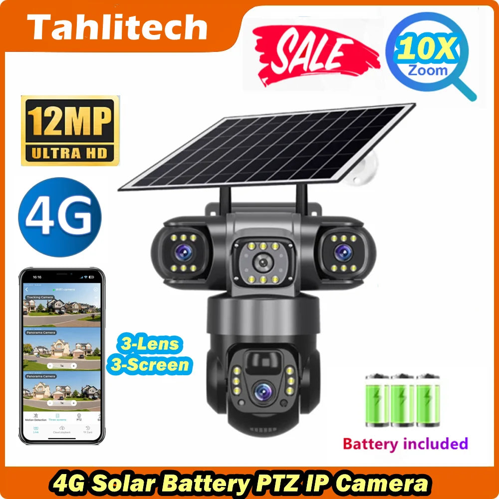 Solar Camera 4G Sim Outdoor 3 Lens 3 Screen 10X Zoom PIR Human Detect Cameras Waterproof Night Vision CCTV Security Protection