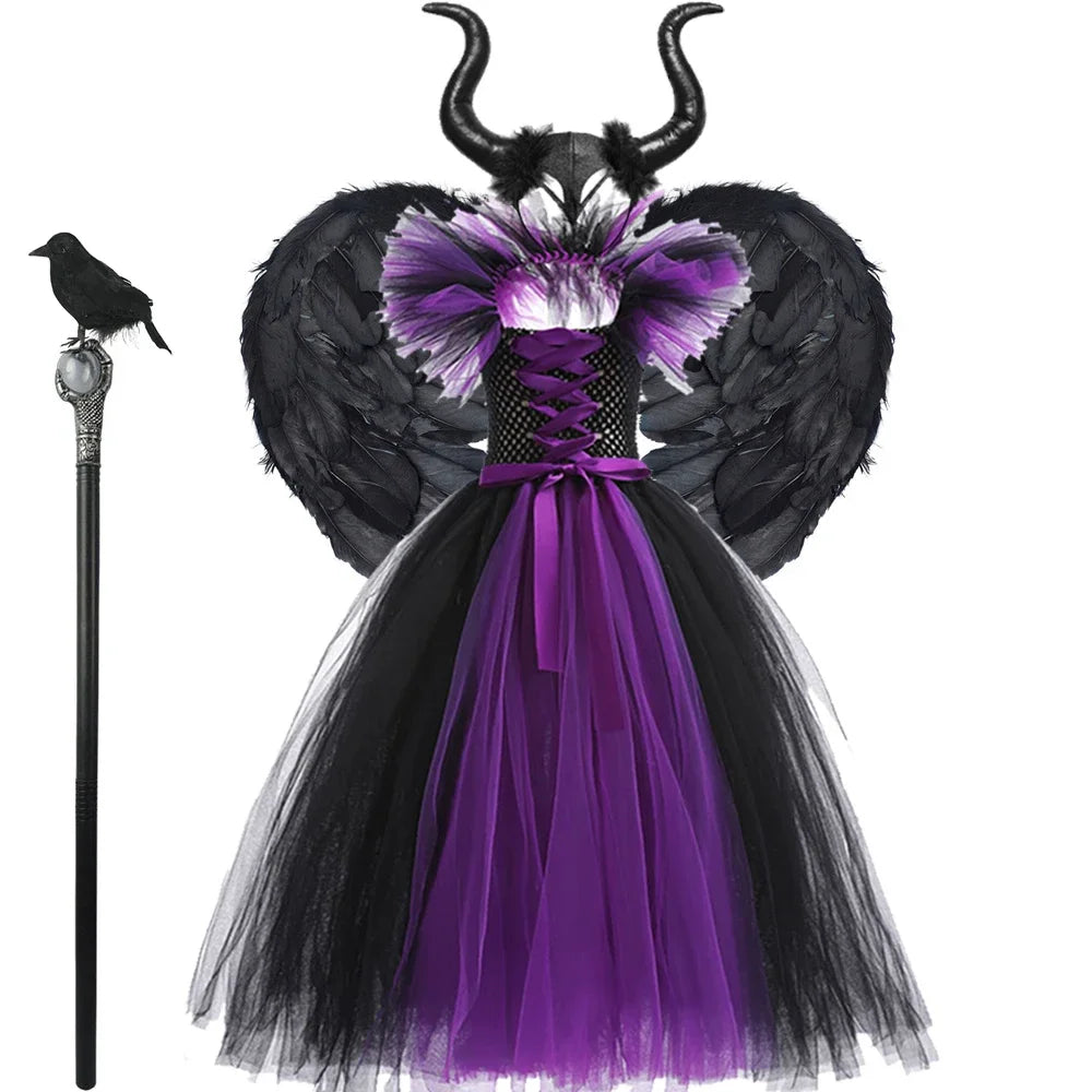 Halloween Costume Kids Maleficent Cosplay Dress Children Disguise Outfits Girls Ceremonial Luxury Floor Length Elegant Gown