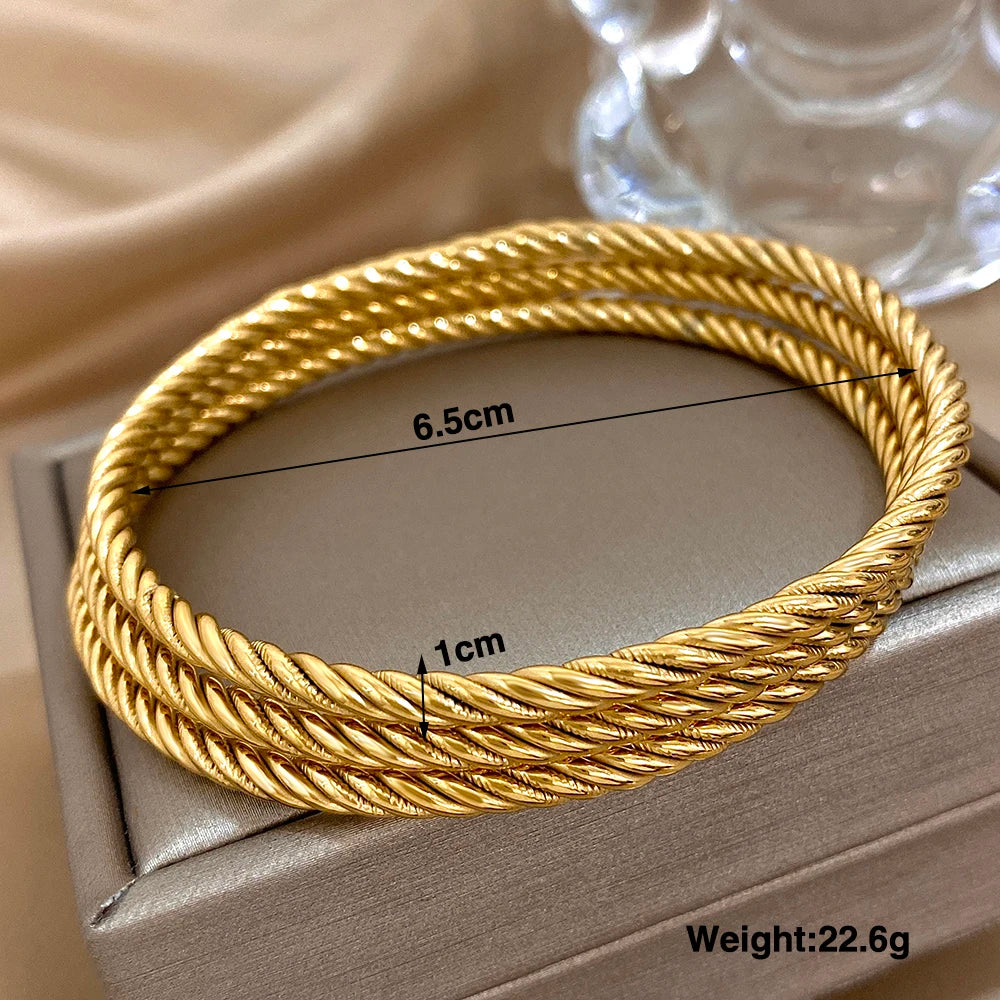 3pcs 18K Gold Plated Stainless Steel Bangle Bracelet for Women Trendy Chic Twisted Stacked Wrist Bracelets Waterproof Jewelry
