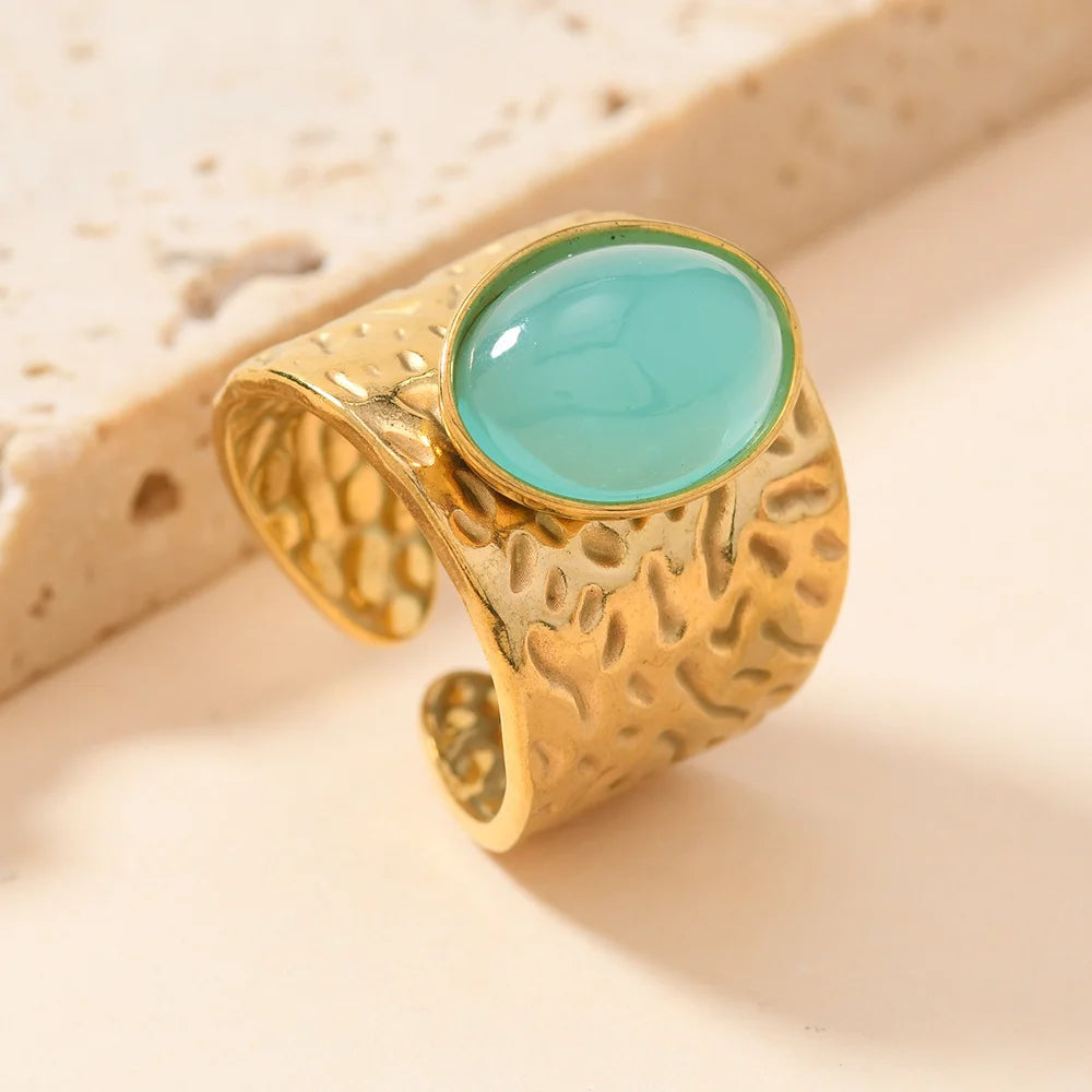 Fashion Stainless Steel Round Natural Stone Green Turquoise Malachite Geometric Ring Women Bohemian Vintage Jewelry