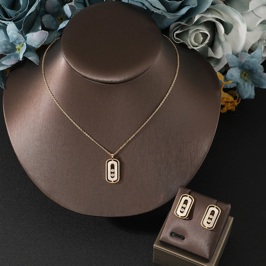 Women's New Fashion 2 Pcs Necklace & Earrings Set Simple Geometic Design Zircon Shell  Jewelry Set Accessory