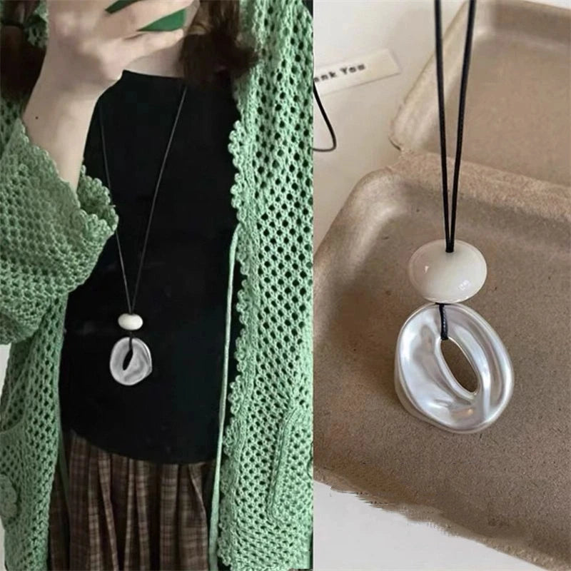 Long Oval Pendant Necklace New Chinese Style Simple Vintage Zen Fashion Design Jewelry Accessory