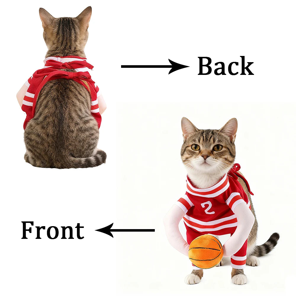 Halloween Cats Costumes Adjustable Funny Party Small Kitten Apparel Basketball Player Cosplay Clothes Sport Jersey Holding Ball