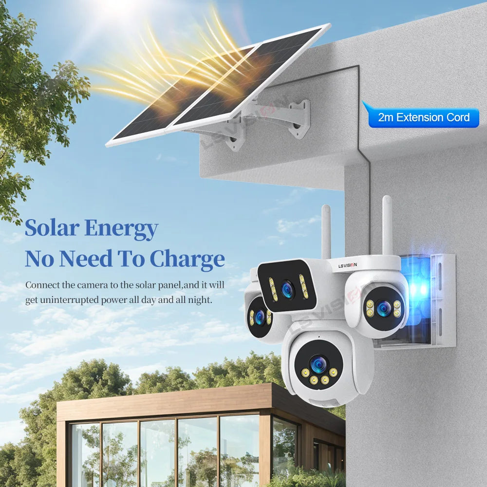 LS VISION 10K AOV 4G LTE Solar Camera Outdoor Security Camera 12X Zoom 24/7 AOV Recording Four Lens Auto Tracking Human Motion