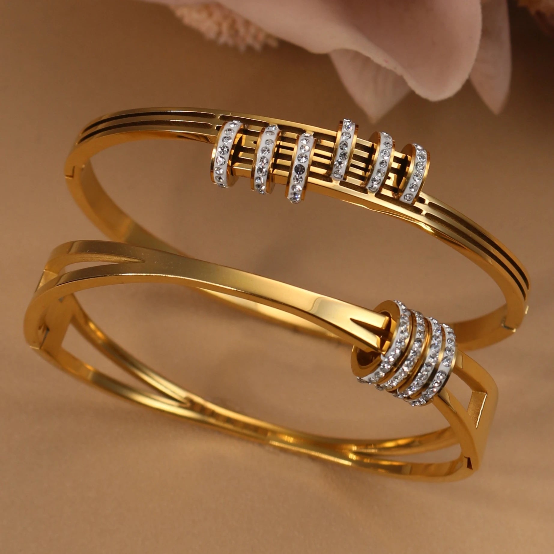 XB-133 New Stainless Steel Jewelry Crystal Bracelets Half Face Hollow Design Bangle For Women's Love Gifts Wholesale