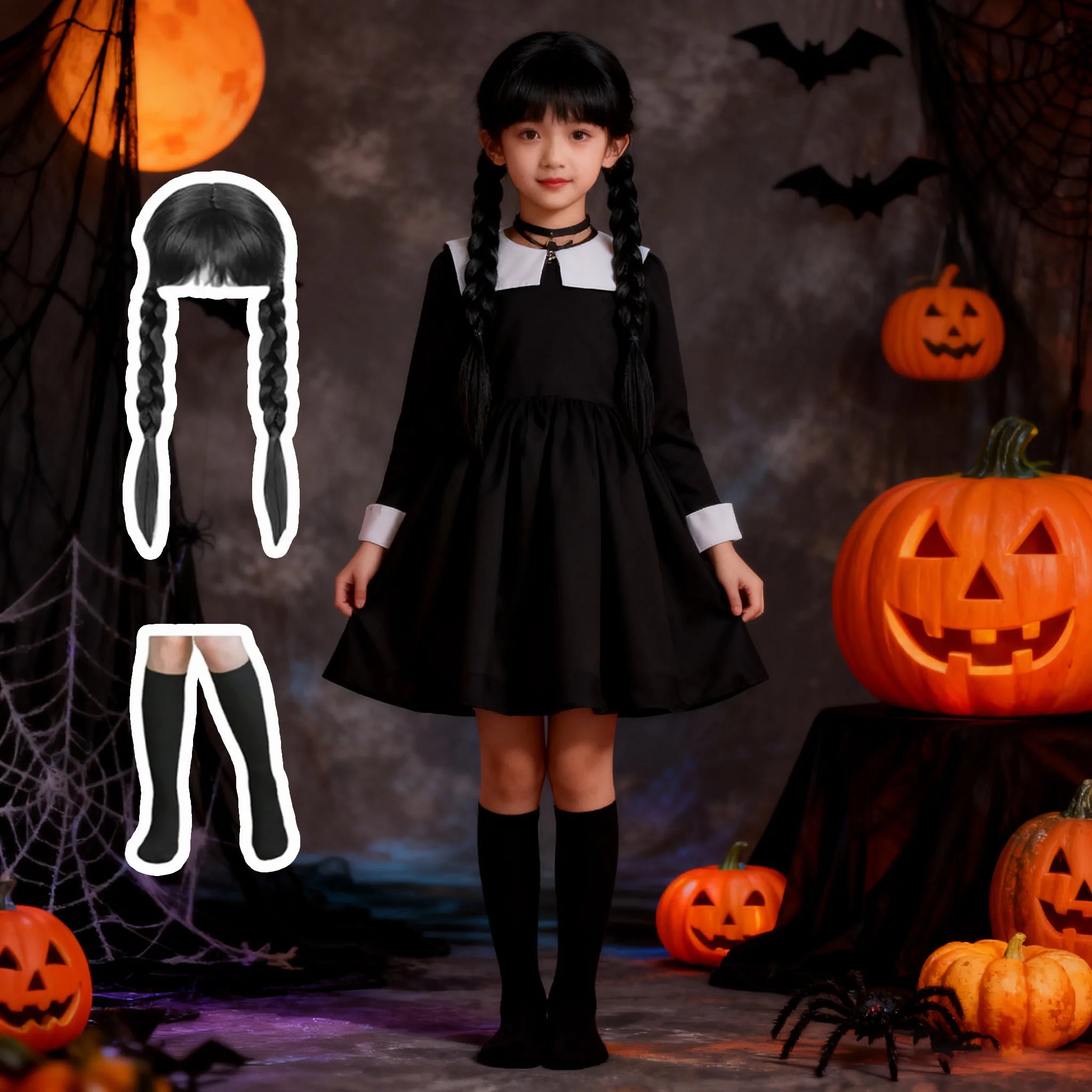 Halloween Girls Dress Kids Black Family Gothic Dress +Wig calf socks Girls Prom Gown Wesday Cosplay Fancy Party Carnival Costume