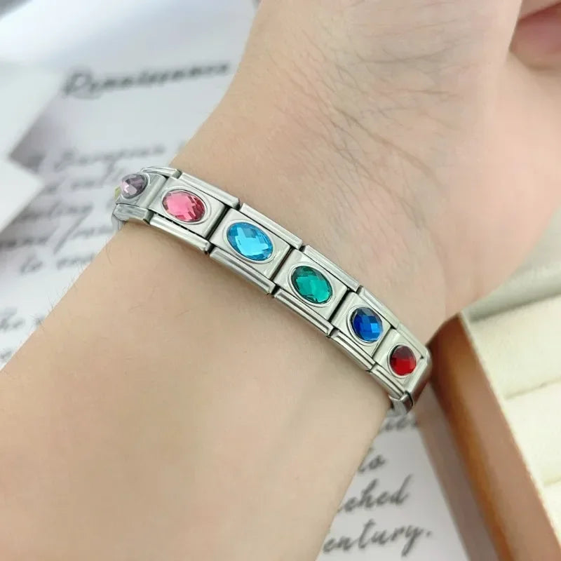 NEW Ellipse 12 Birthstones Italian Charm Stainless Steel Links Fit 9mm Modular Bracelet DIY Jewelry Wholesale