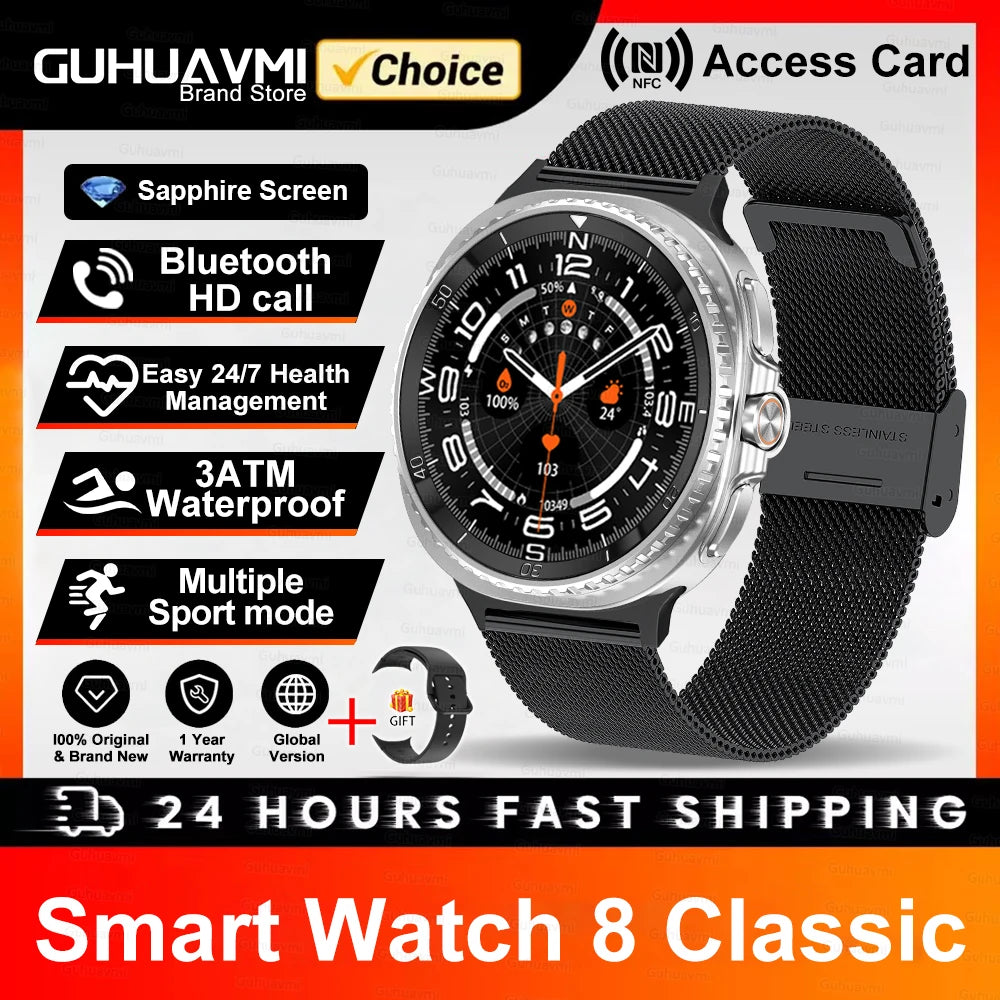 New Smart Watch 8 Classic Men HD Display Screen GPS BT Call Sports Fitness Waterproof Watch SmartWatch 1.32-inch For Android IOS