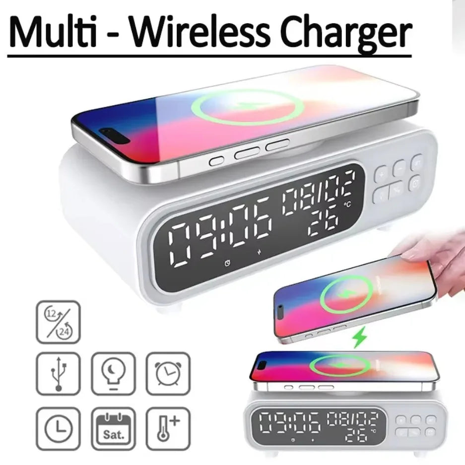 Wireless Charger Time Alarm Clock LED Night Light Thermometer Earphone Phone Chargers Fast Charging Dock Station For iPhone