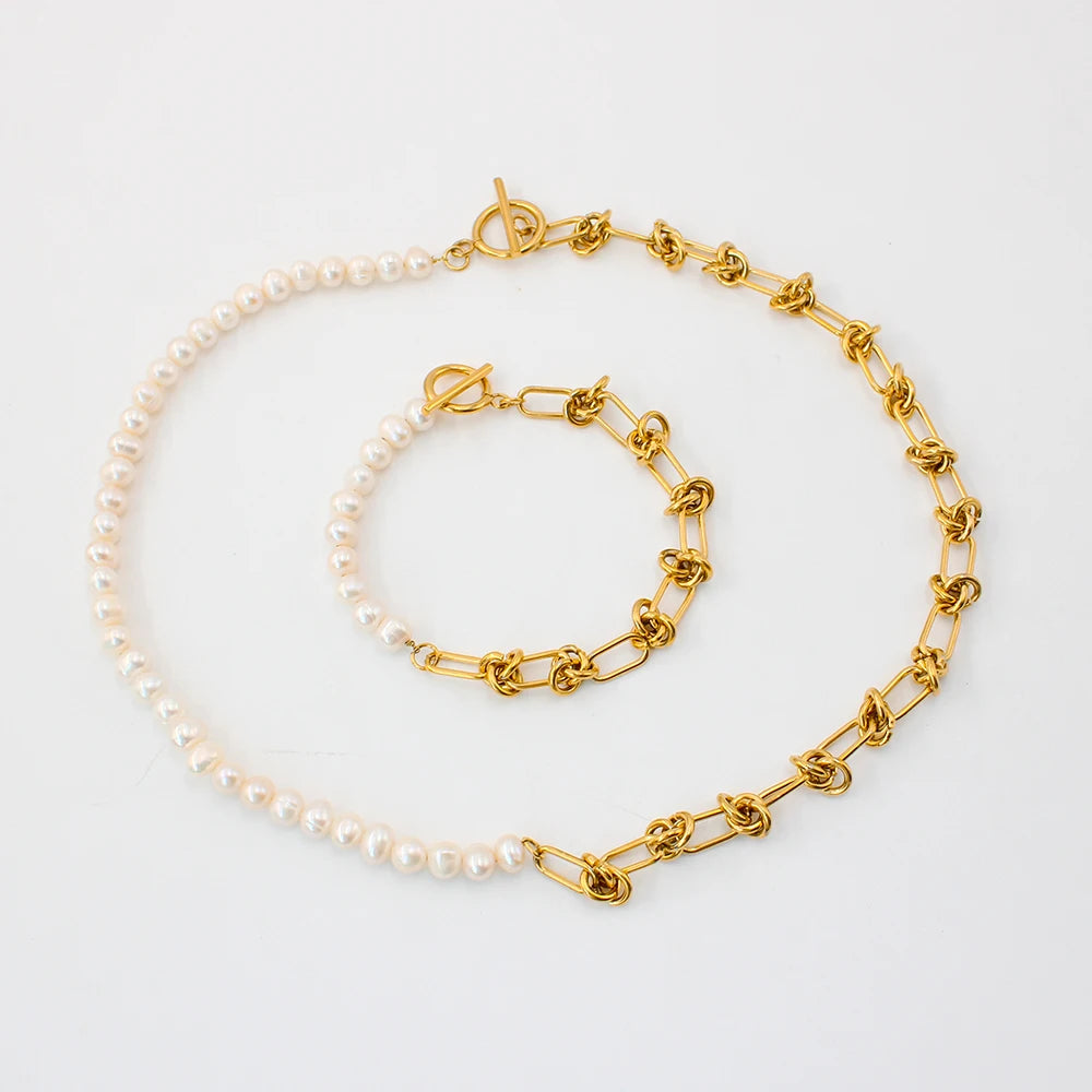 New Fashion Half Pearl Half Link Chain Necklace Bracelet Women Aestethic Luxurious Jewelry Gift