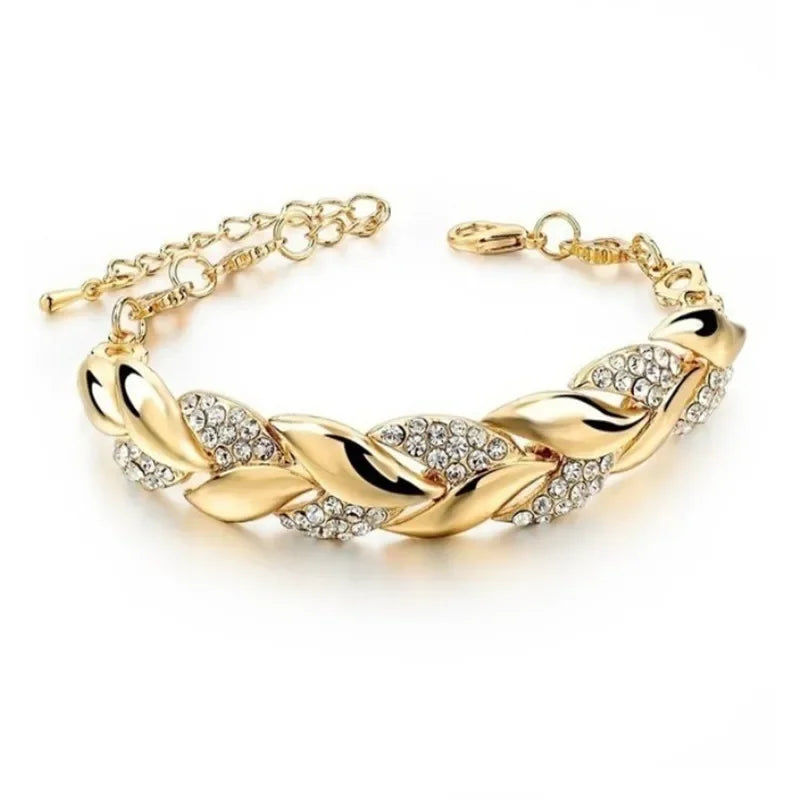 New Fashion Luxury Gold Color Leaf couple Bracelets for Women men Charm Full of Zircon Crystal bangle Jewelry Accessories gift
