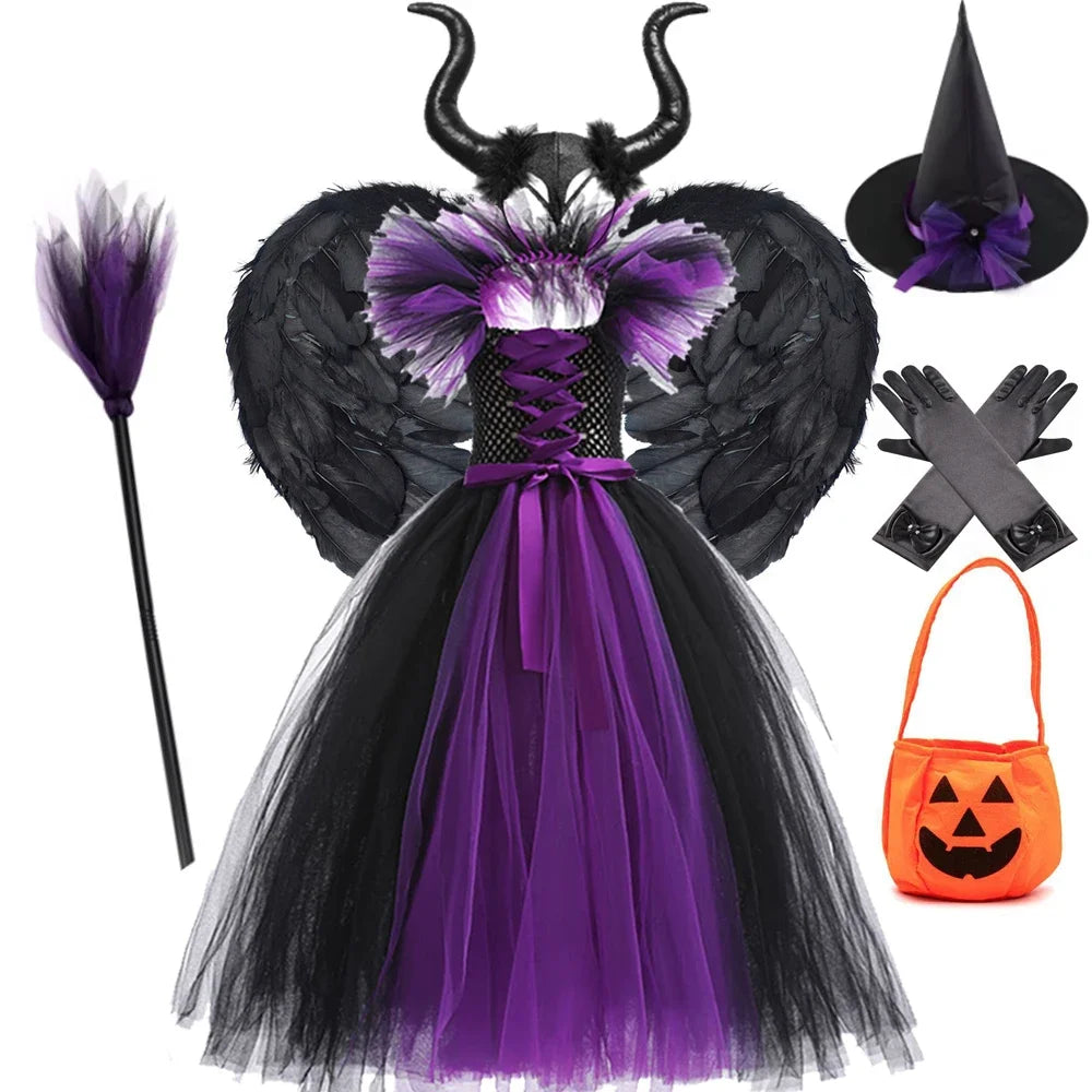 Halloween Costume Kids Maleficent Cosplay Dress Children Disguise Outfits Girls Ceremonial Luxury Floor Length Elegant Gown