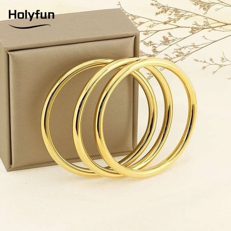 Holyfun Waterproof Stainless Steel Cuff Bracelet Bangles for Women Smooth Metal Openable Bracelets Jewelry Gift