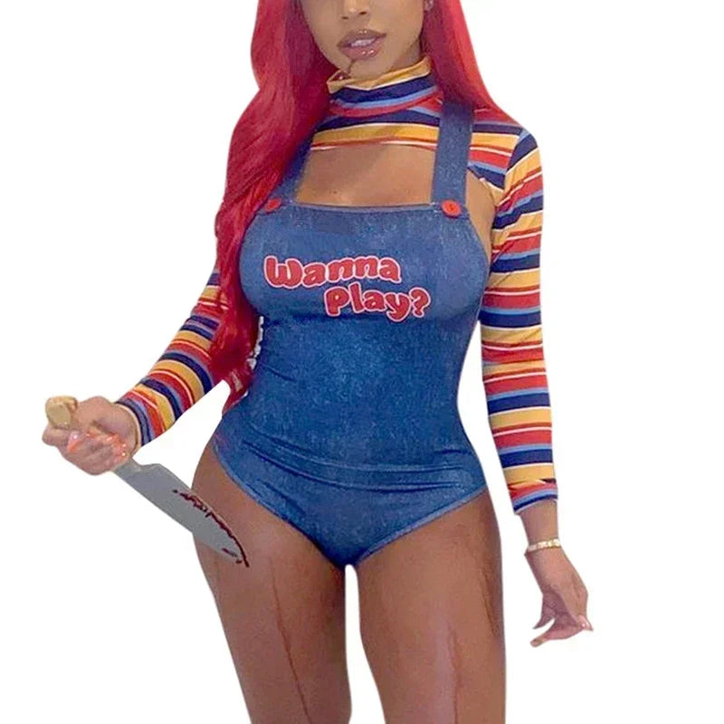 2025 Halloween Costumes for Women Scary Nightmare Killer Doll Wanna Play Movie Character Bodysuit Chucky Doll Costume Set