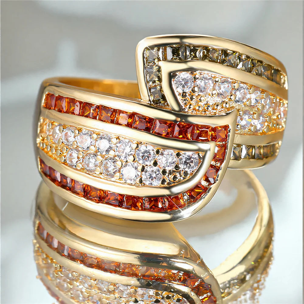 Cute Female Red Crystal White Zircon Stone Gold Color Wedding Jewelry Promise Engagement Wheat Rings For Women