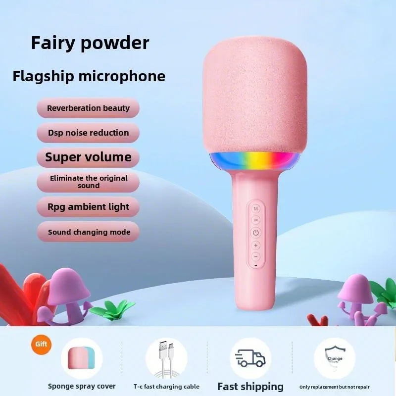 Portable Speaker Microphone Combo, Lightweight & Colorful Atmosphere Light, Four Vocoder Effects, Ideal for Family Singing Fun