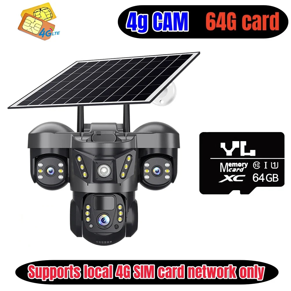 15MP Triple Lens PTZ 10X Zoom Solar Camera Outdoor Triple Screen 4G SIM Secure 360° Auto Tracking Smart Home Wireless CCTV Cam