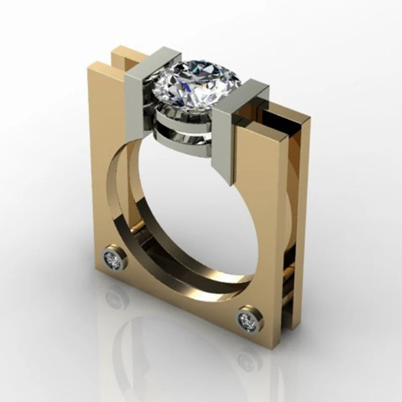 Creative Silver Color Rhinestone Finger Ring for Women Men Personality Wedding Ring Two-tone Square Zircon Hip Pop Ring Jewelry