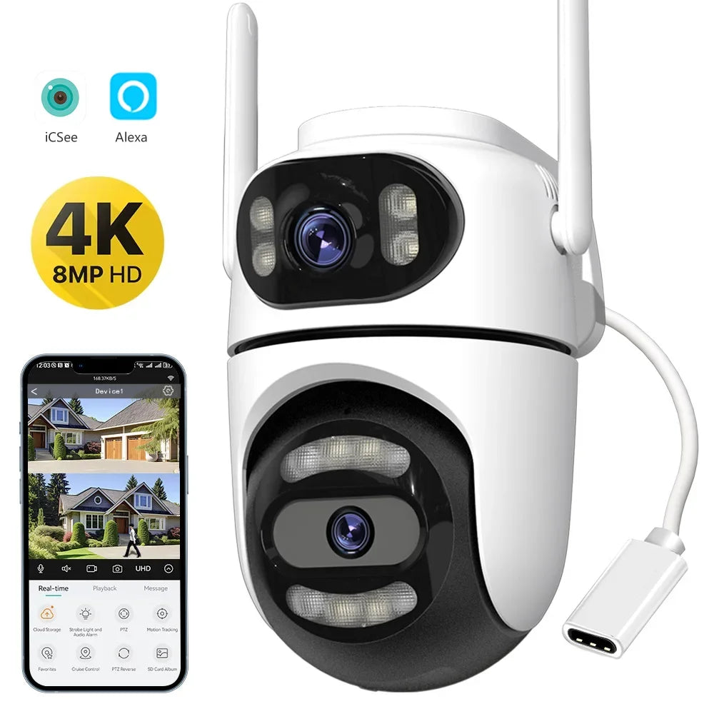 Wifi PTZ Camera iCsee APP 8MP 4K HD Dual Lens Dual Screens Video Surveillance IP Camera Ai Tracking Outdoor Home Security CCTV