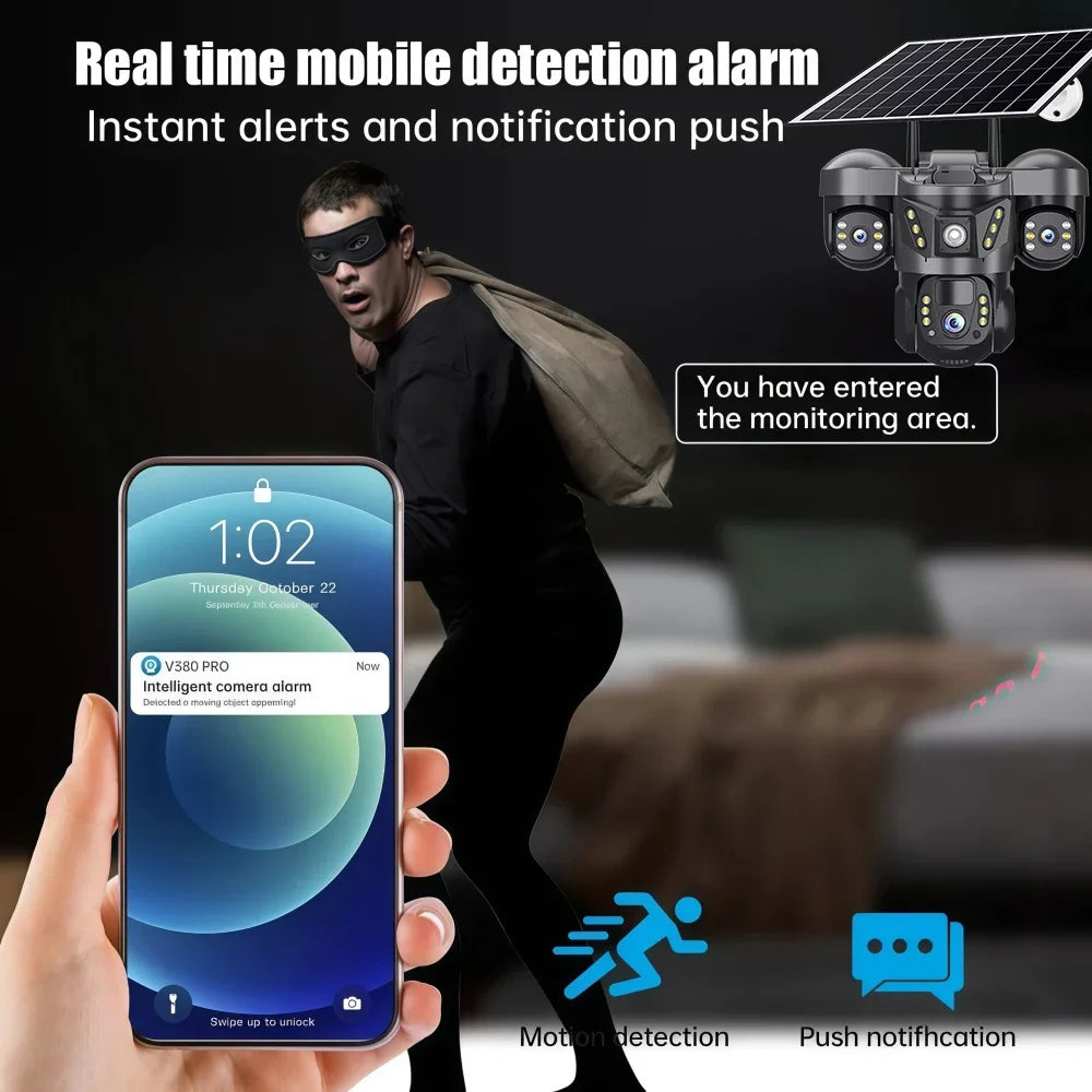 15MP Triple Lens PTZ 10X Zoom Solar Camera Outdoor Triple Screen 4G SIM Secure 360° Auto Tracking Smart Home Wireless CCTV Cam